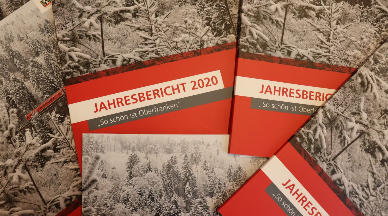 Zu sehen ist das Cover des Jahresberichts 2020. Titelbild ist ein roter Zug, der durch eine Winterlandschaft fährt.