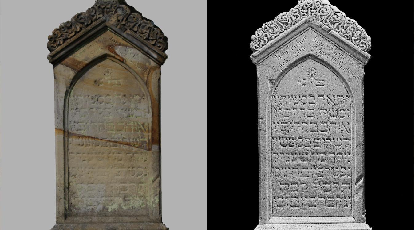 Ein jüdischer Grabstein, der links zu sehen ist, wurde wieder lesbar gemacht, rechts zu sehen.