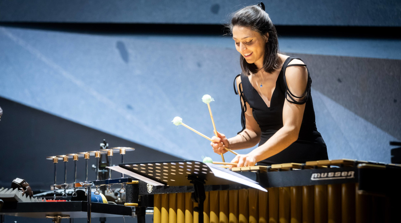 Eine Frau hat Schlägel in den Händen und steht vor einem Vibraphon.