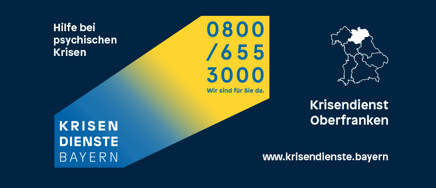 Logo der Krisendienste Bayern: unten Schriftzug Krisendienste Bayern und rechts oben in der Ecke die kostenfreie Rufnummer 0800 655 3000.